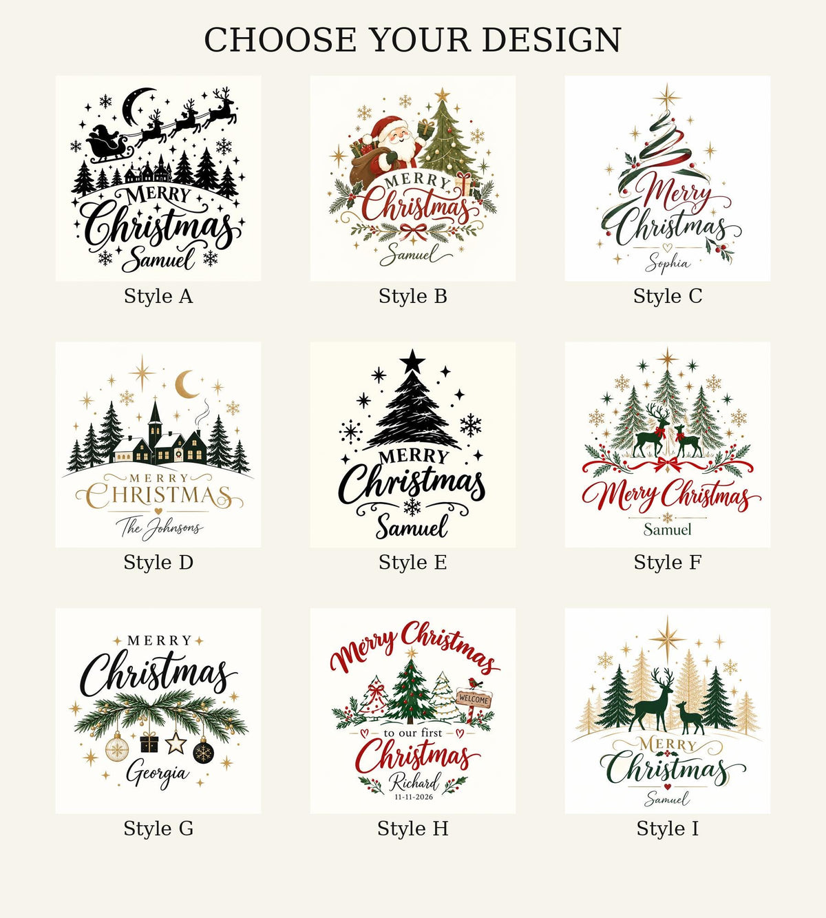 May include: A grid of nine distinct Christmas-themed graphic designs labeled Style A through Style I. Each design features festive elements like Christmas trees, reindeer, Santa Claus, and stars, accompanied by the text Merry Christmas and names.