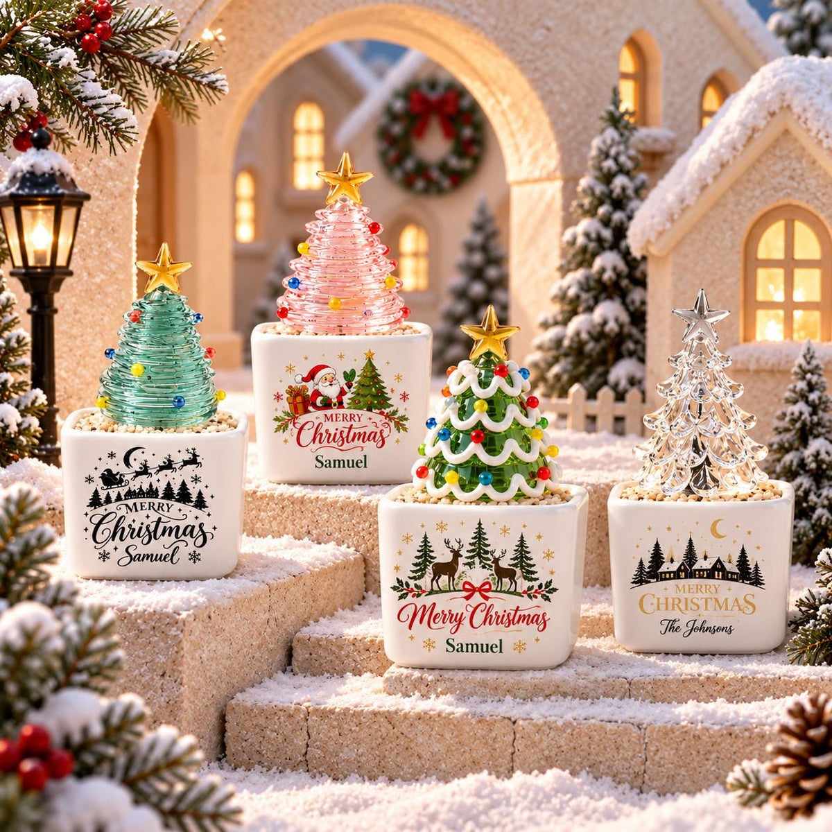May include: Four decorative tabletop Christmas trees in white square planters. Each tree features a gold star topper and colorful ornaments. The planters display festive graphics including Santa, reindeer, and winter scenes with the text Merry Christmas.