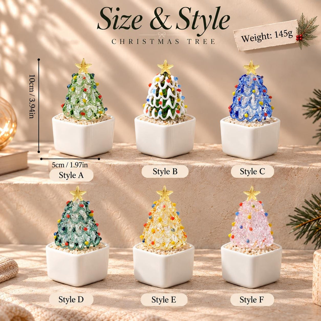 May include: Six glass Christmas tree figurines in white square pots, labeled Style A through F. Each tree is 3.94 inches tall, 1.97 inches wide, and weighs 145g. The trees feature various colors including green, blue, yellow, and pink with star toppers.