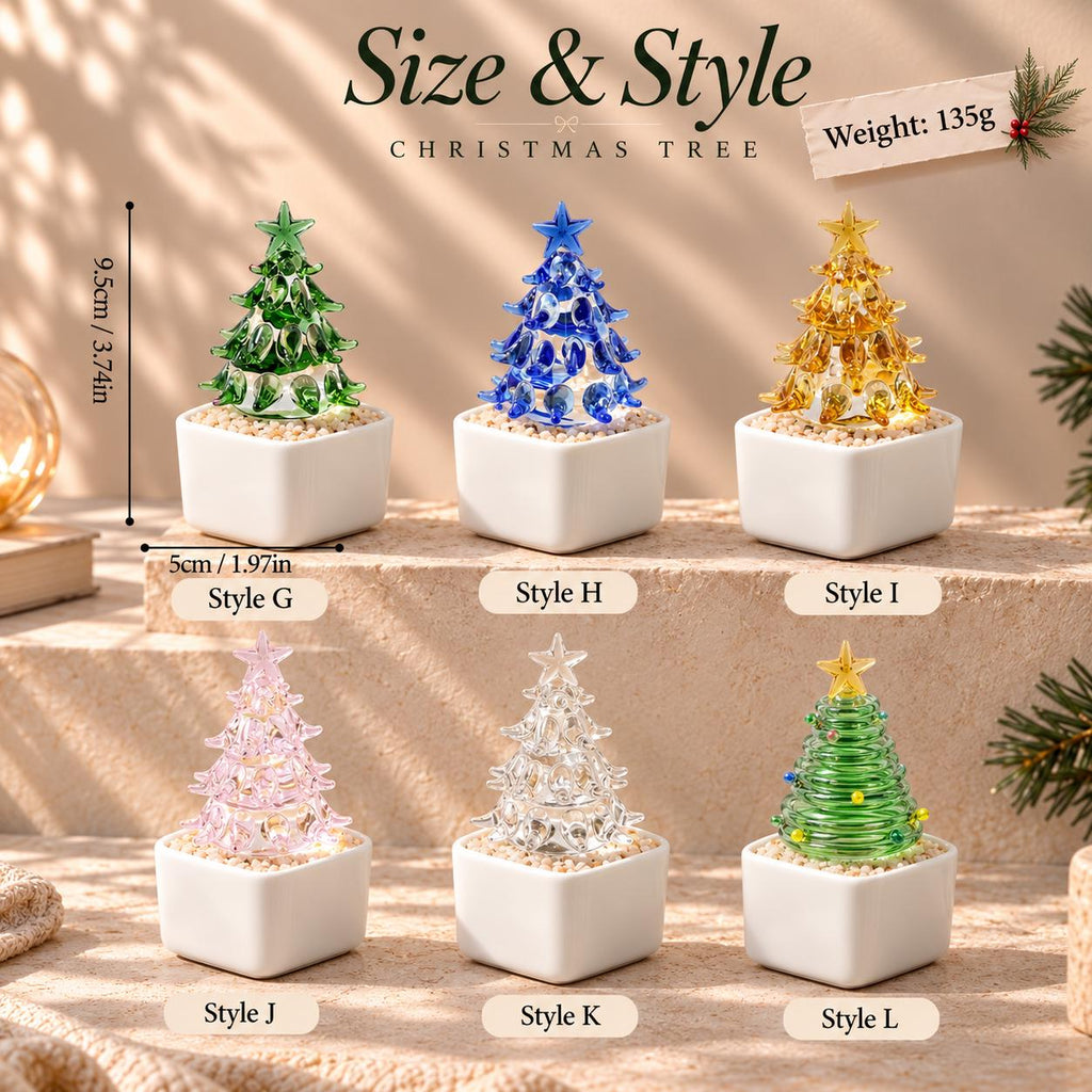 May include: Six glass Christmas tree figurines in white square pots, labeled Style G through L. Each tree is 9.5 cm or 3.74 inches tall and 5 cm or 1.97 inches wide, weighing 135g. Colors include green, blue, yellow, pink, clear, and green with lights.