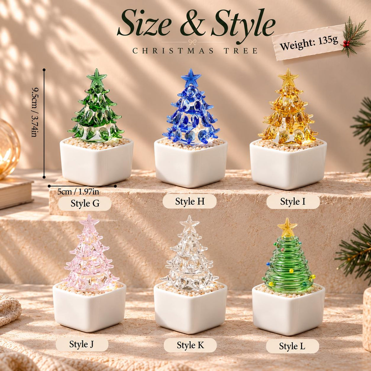 May include: Six glass Christmas tree figurines in white square pots, labeled Style G through L. Each tree is 9.5 cm or 3.74 inches tall and 5 cm or 1.97 inches wide, weighing 135g. Colors include green, blue, yellow, pink, clear, and green with lights.