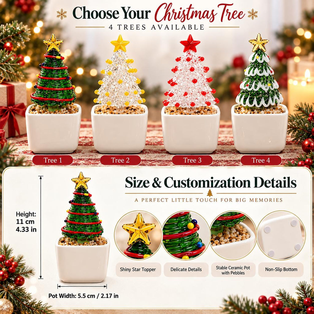 May include: Four miniature Christmas tree ornaments in white square ceramic pots filled with pebbles. Each tree features a star topper and measures 4.33 inches in height and 2.17 inches in width. The set includes green, clear, and red designs.