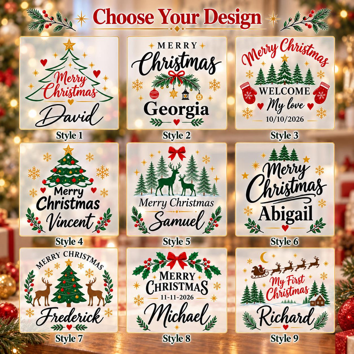 May include: A grid of nine square Christmas-themed graphic designs labeled Style 1 through Style 9. Each design features festive elements like Christmas trees, reindeer, holly, snowflakes, and personalized names or dates with Merry Christmas text.