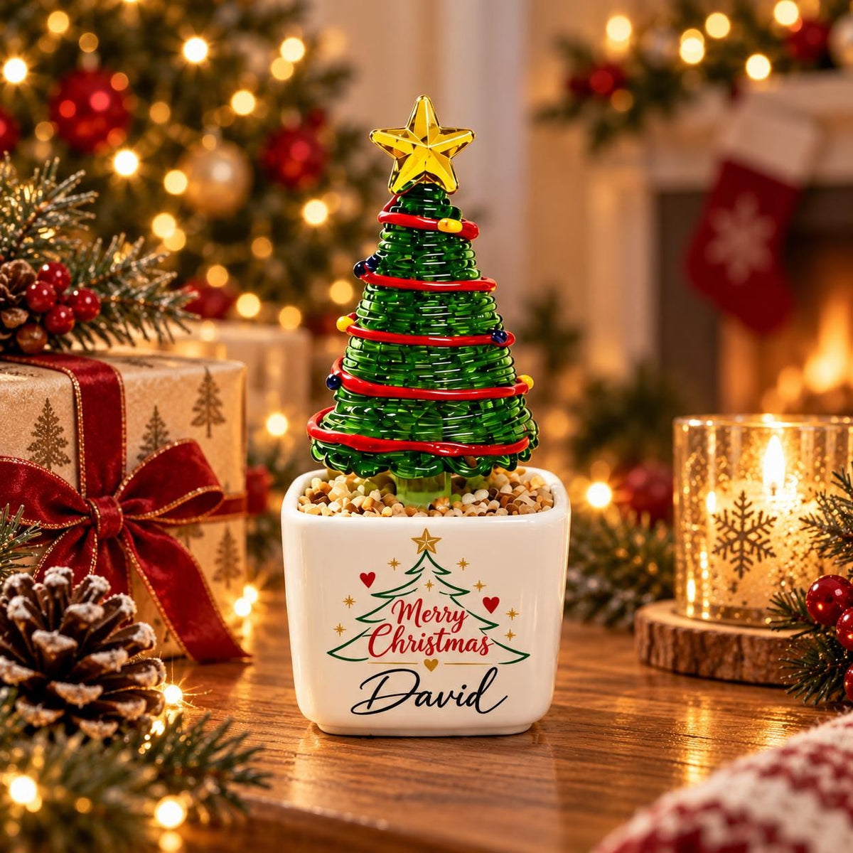 May include: A small decorative Christmas tree made of green wire with red garland and a yellow star topper, set in a white square ceramic planter. The planter features a printed green tree graphic, red hearts, and the text Merry Christmas David.