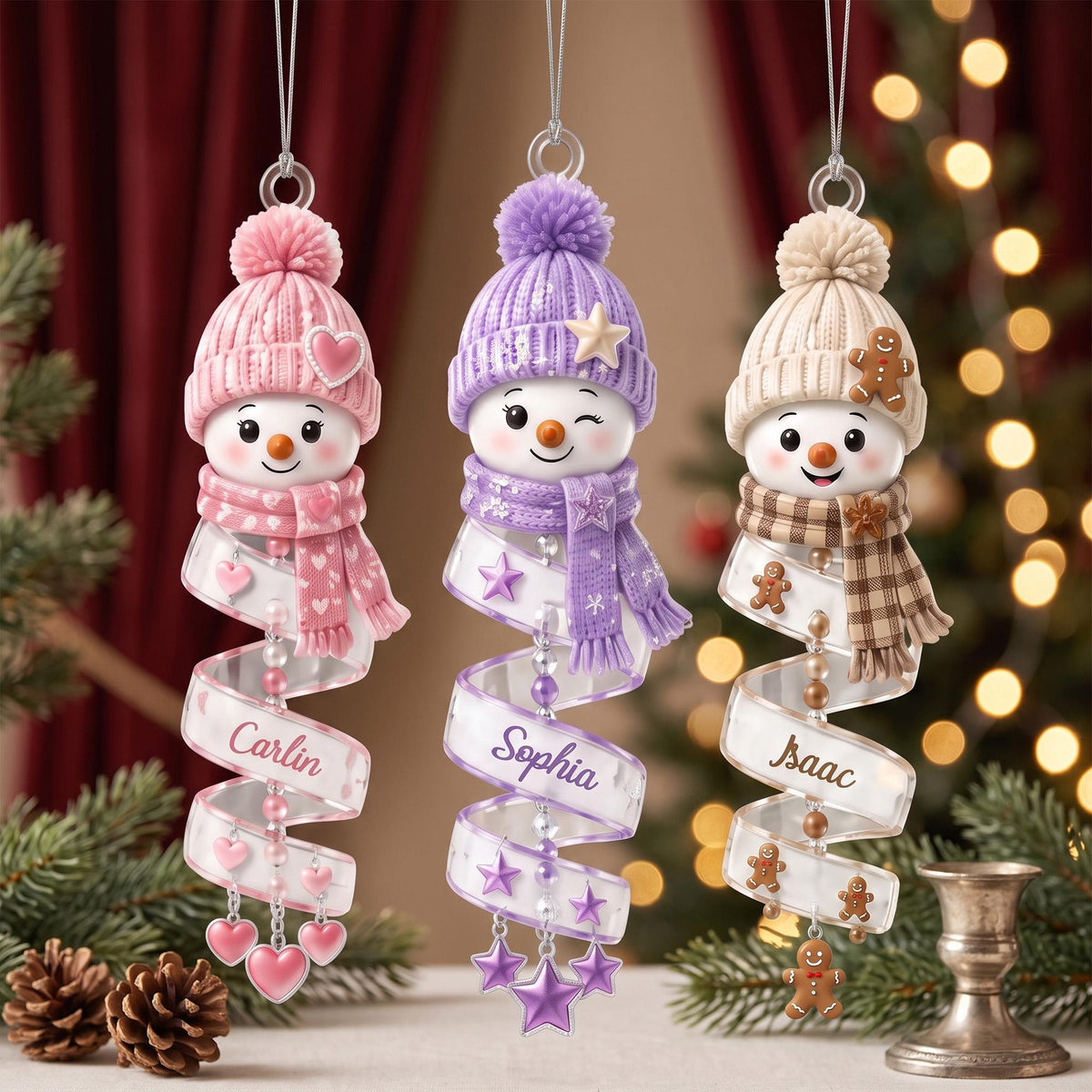 May include: Three hanging snowman ornaments with knit hats and scarves. The left snowman is pink with hearts and the name Carlin. The middle snowman is purple with stars and the name Sophia. The right snowman is beige with gingerbread men and the name Isaac.