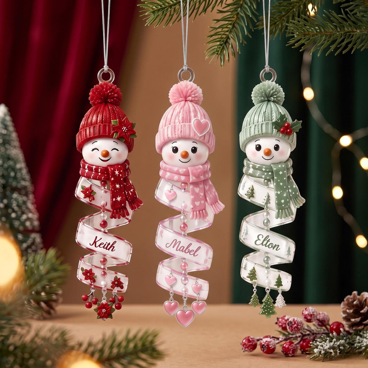 May include: Three hanging snowman ornaments with knit-style hats and scarves in red, pink, and sage green. Each snowman features a white spiral ribbon base personalized with the names Keith, Mabel, and Elton, accented with small charms.