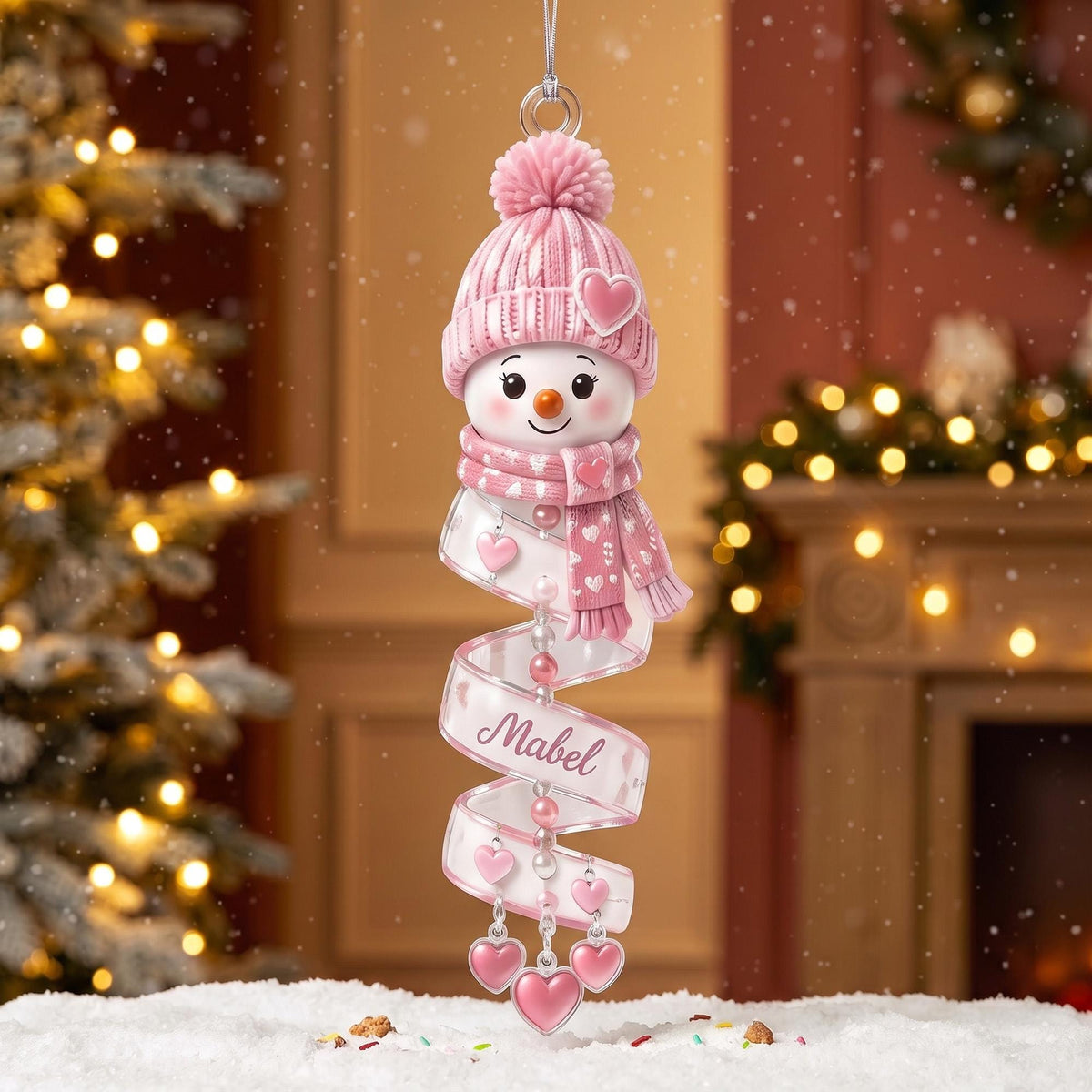 May include: A hanging Christmas ornament featuring a snowman head wearing a pink knit hat with a pom-pom and a matching scarf. A spiral ribbon hangs below, decorated with small pink hearts and the name Mabel, ending in three dangling heart charms.