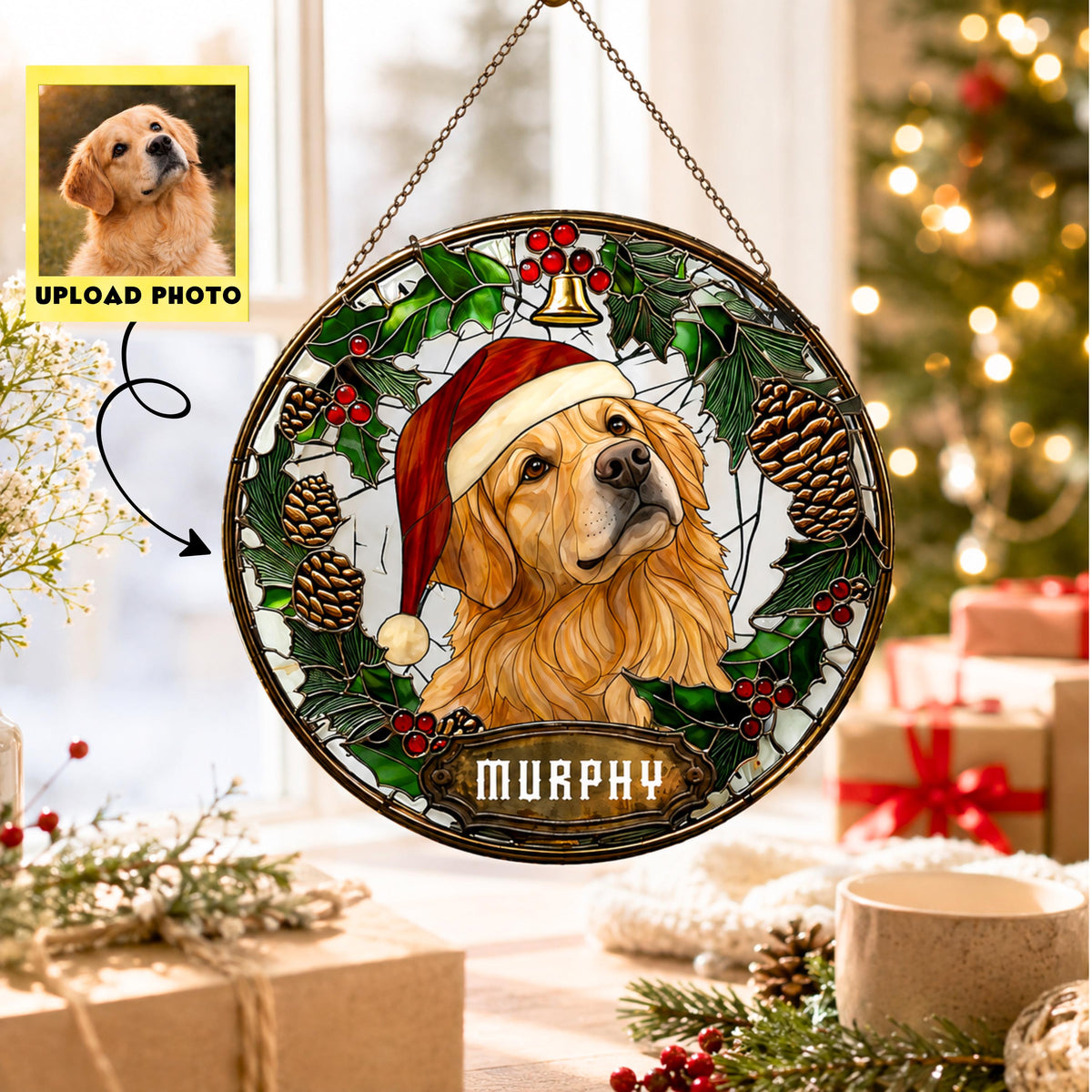 May include: A circular stained glass-style hanging ornament featuring a golden retriever wearing a red and white Santa hat, surrounded by a wreath of green holly leaves, red berries, and pinecones, with the name MURPHY printed on a plaque.