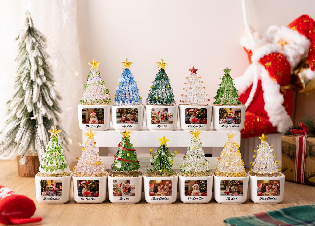 Custom Photo Christmas Tree Potted Planter for Family, Mini Glass Tree Ornament, Christmas Desk Decor, Holiday Keepsake for Kid, Xmas Gift