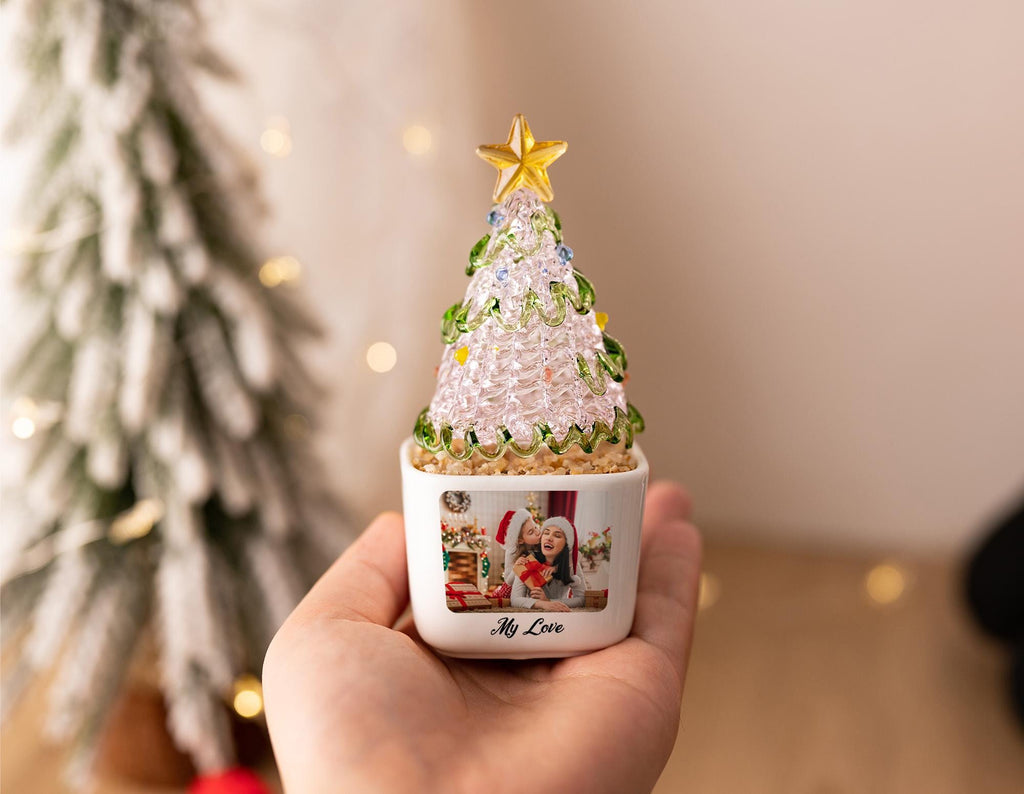 Custom Photo Christmas Tree Potted Planter for Family, Mini Glass Tree Ornament, Christmas Desk Decor, Holiday Keepsake for Kid, Xmas Gift