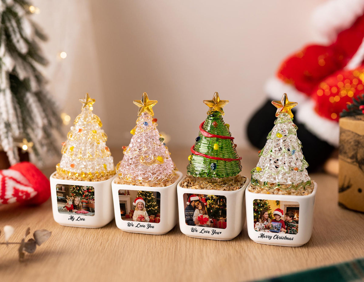 Custom Photo Christmas Tree Potted Planter for Family, Mini Glass Tree Ornament, Christmas Desk Decor, Holiday Keepsake for Kid, Xmas Gift