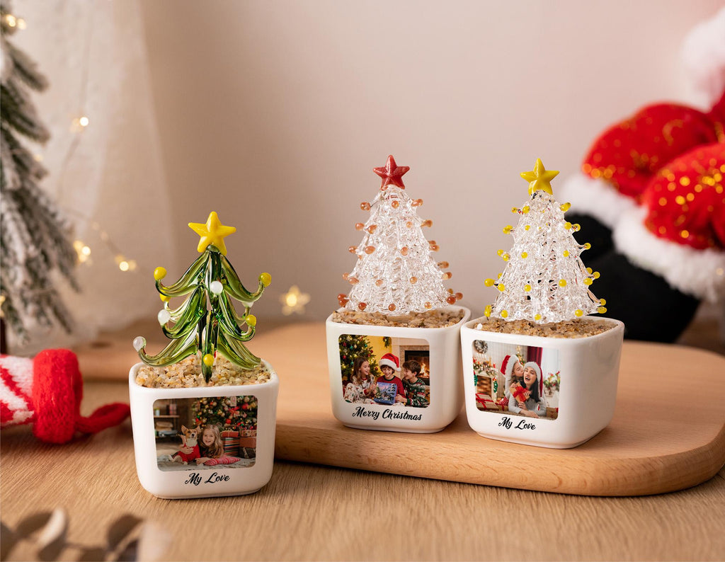 Custom Photo Christmas Tree Potted Planter for Family, Mini Glass Tree Ornament, Christmas Desk Decor, Holiday Keepsake for Kid, Xmas Gift