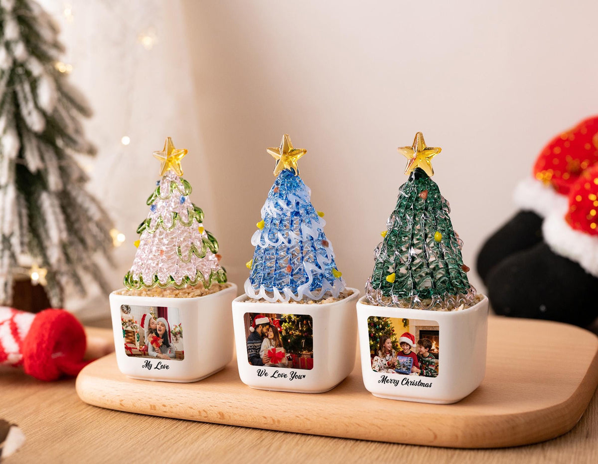 Custom Photo Christmas Tree Potted Planter for Family, Mini Glass Tree Ornament, Christmas Desk Decor, Holiday Keepsake for Kid, Xmas Gift