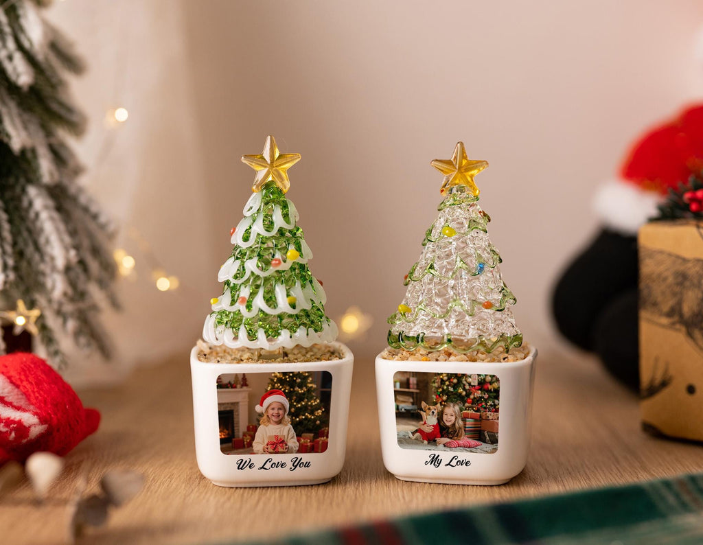 Custom Photo Christmas Tree Potted Planter for Family, Mini Glass Tree Ornament, Christmas Desk Decor, Holiday Keepsake for Kid, Xmas Gift