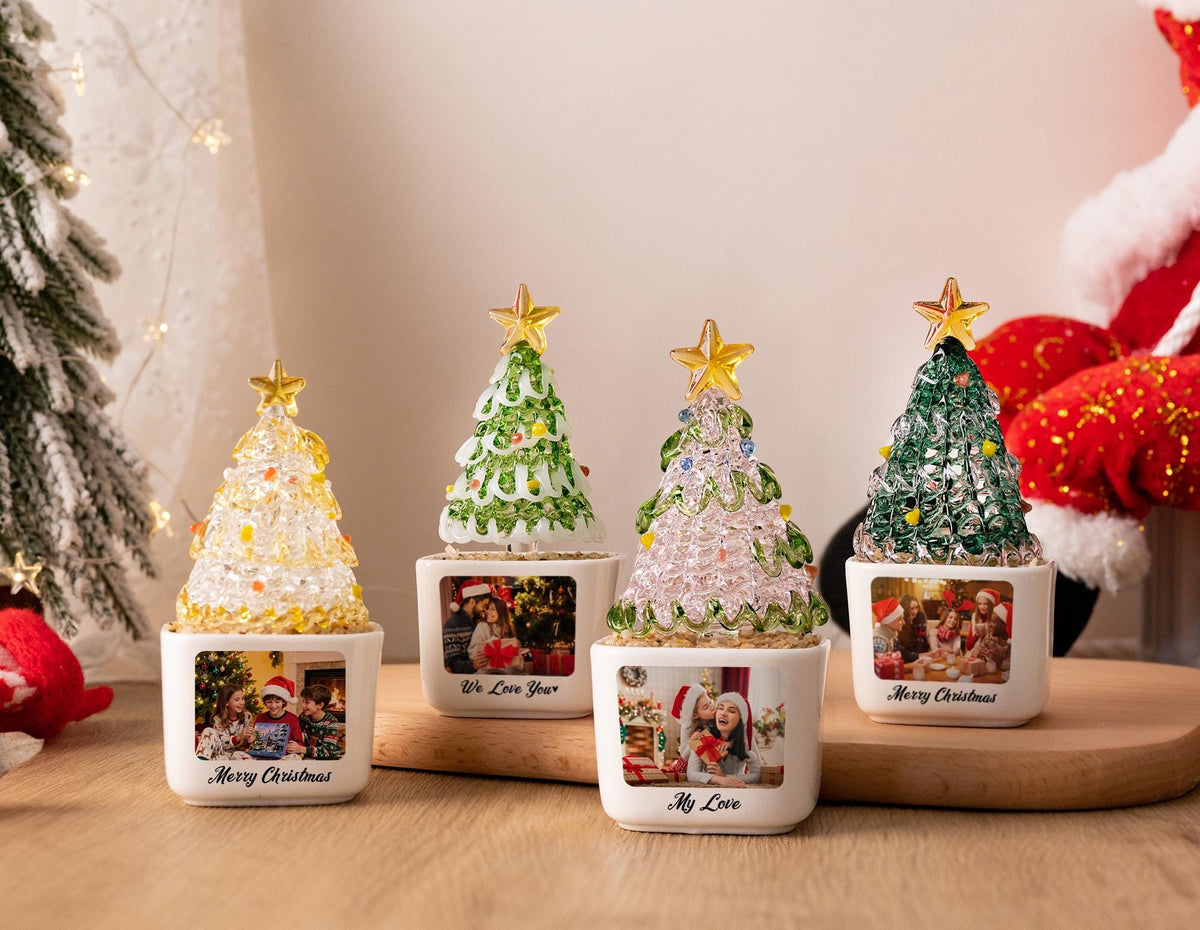 Custom Photo Christmas Tree Potted Planter for Family, Mini Glass Tree Ornament, Christmas Desk Decor, Holiday Keepsake for Kid, Xmas Gift