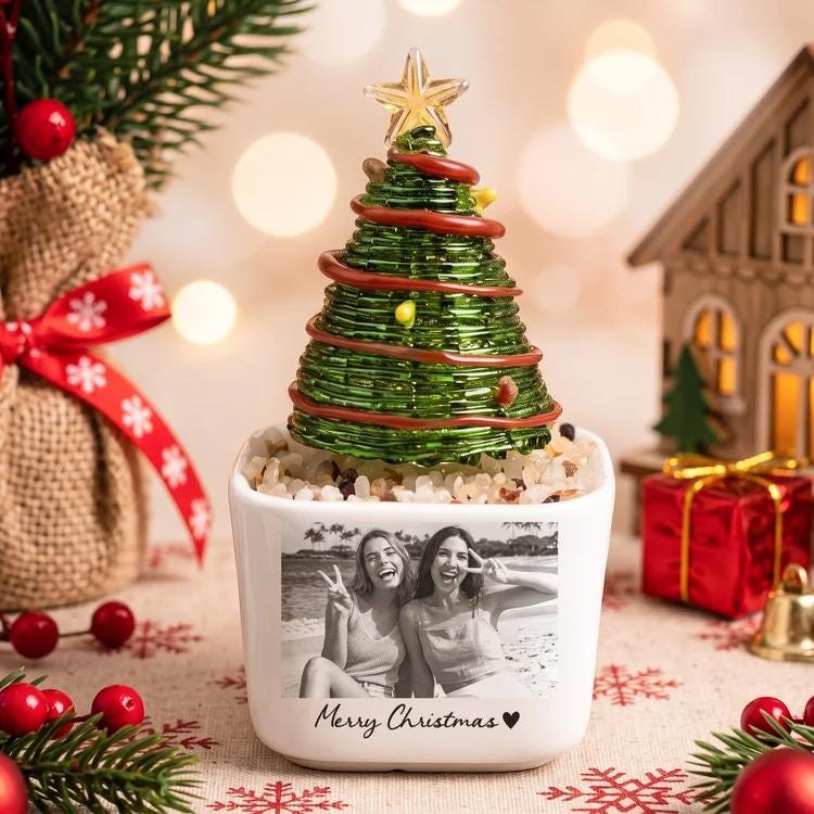 May include: A white square ceramic planter featuring a black and white photograph of two people on the front with the text Merry Christmas and a heart symbol. A green wire Christmas tree with a clear star topper sits in the planter.