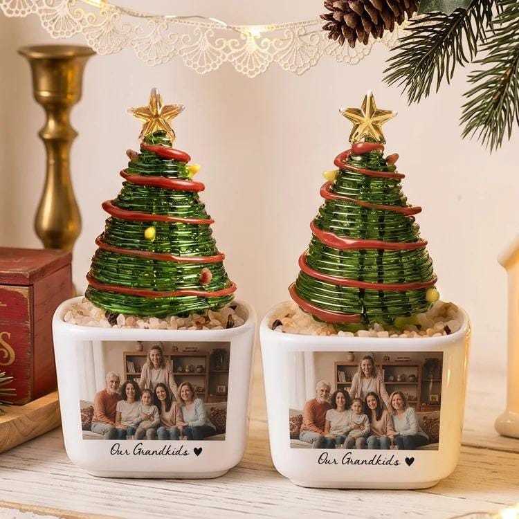 May include: Two white square ceramic planters, each featuring a printed family photograph and the text "Our Grandkids" with a heart symbol. Each planter holds a green wire Christmas tree ornament topped with a gold star and red garland.