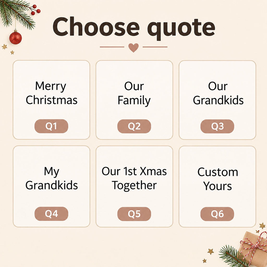 May include: A beige graphic chart titled Choose quote with six white rectangular boxes containing text options Q1 through Q6. The text includes Merry Christmas, Our Family, Our Grandkids, My Grandkids, Our 1st Xmas Together, and Custom Yours.