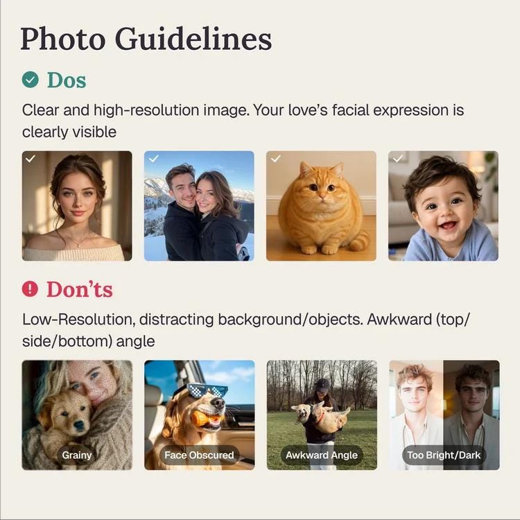 May include: An informational graphic titled Photo Guidelines with two sections. The Dos section shows four clear photos of people and a cat. The Don'ts section displays four examples of low-quality, grainy, or poorly lit images with text labels.