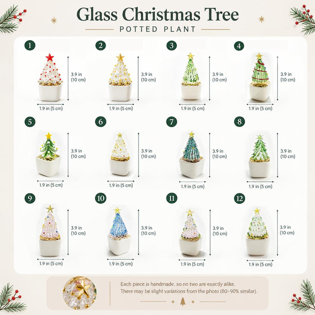May include: A collection of twelve miniature glass Christmas trees in white square pots, each topped with a star. The trees feature various colors and textures. Each piece measures 3.9 inches in height and 1.9 inches in width as labeled.