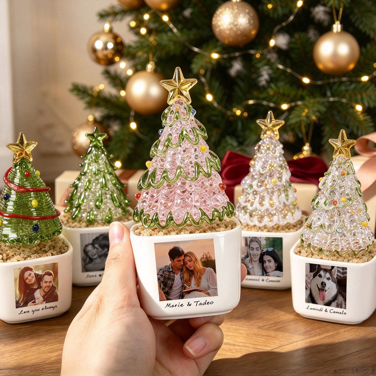 May include: A collection of five miniature decorative Christmas trees made of glass, each featuring a gold star topper and a base filled with small stones. Each white ceramic pot displays a custom photograph and text on the front surface.