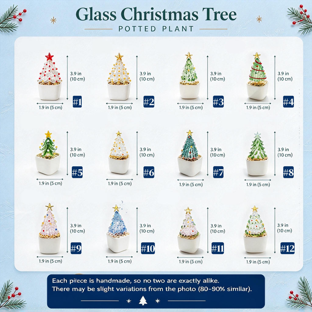 May include: Twelve miniature glass Christmas tree potted plants labeled 1 through 12. Each tree features a gold star topper and sits in a white square pot. Dimensions are clearly marked as 3.9 inches in height and 1.9 inches in width.