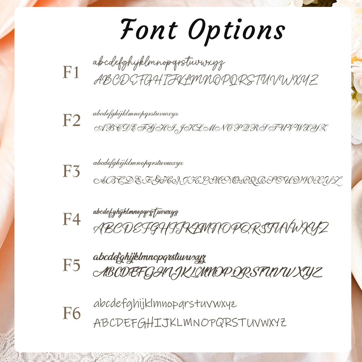 May include: A white chart titled Font Options displaying six distinct typography styles labeled F1 through F6. Each entry includes the lowercase and uppercase alphabet in a specific script or serif typeface, presented in black text on a white background.