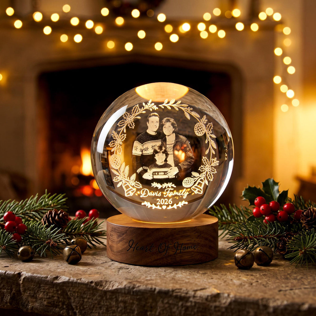 May include: A clear glass sphere featuring an internal laser-etched portrait of a family of three, surrounded by a wreath of holly, pinecones, and bells. The text "Davis Family 2026" is etched below the portrait on a round wooden base.