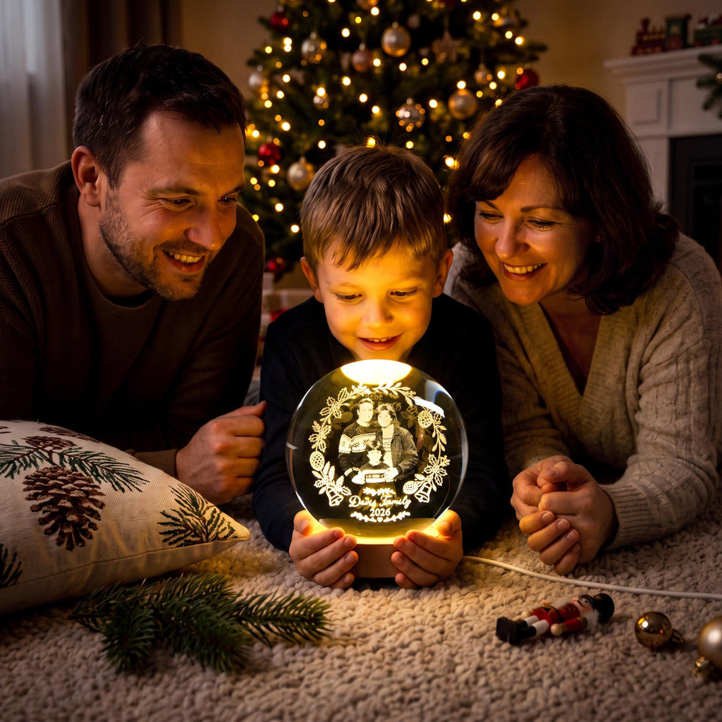 May include: A circular glass night light featuring an engraved family portrait surrounded by a wreath of pinecones and foliage. The base is made of light wood and emits a warm glow, illuminating the text "Daisy Family 2026" at the bottom.