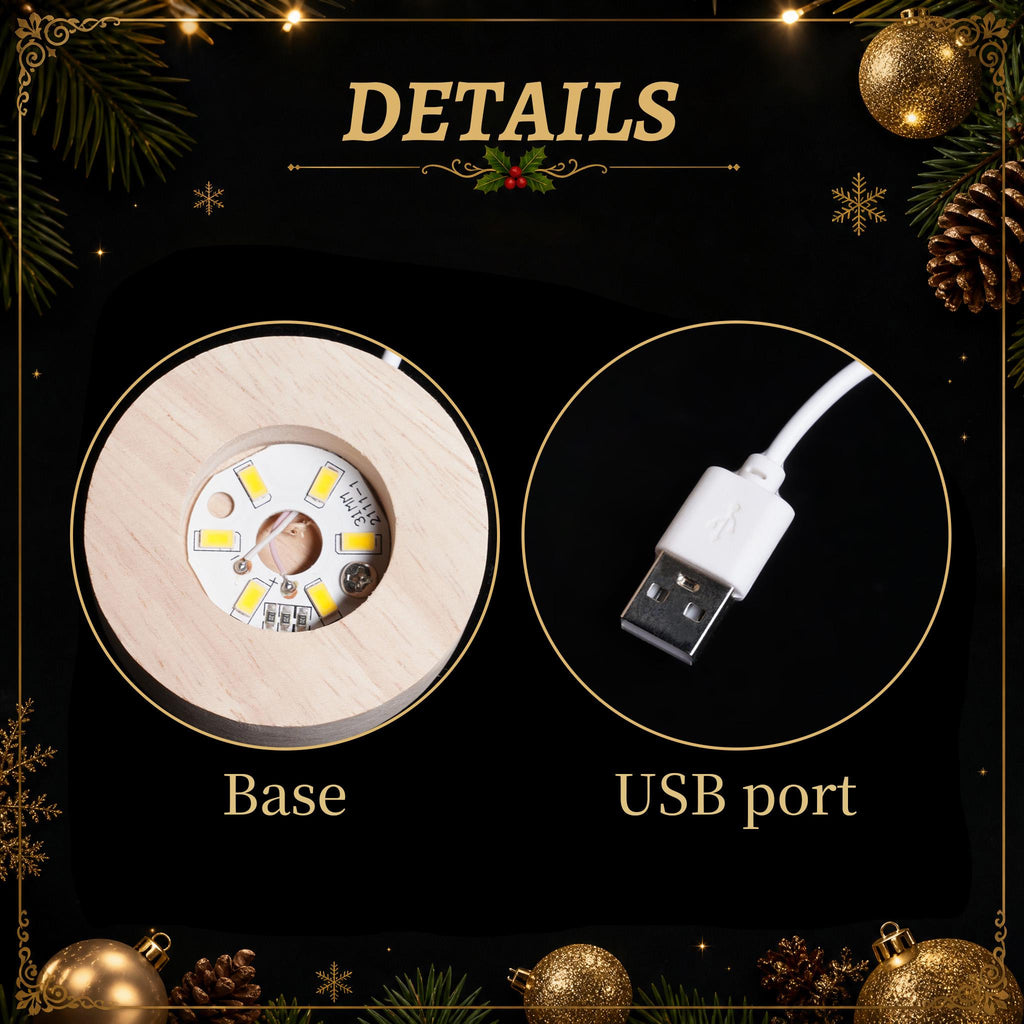 May include: A circular light-colored wooden base featuring a central LED light component with visible circuitry and a white USB cable with a standard USB-A connector. The image includes the text labels DETAILS, Base, and USB port.