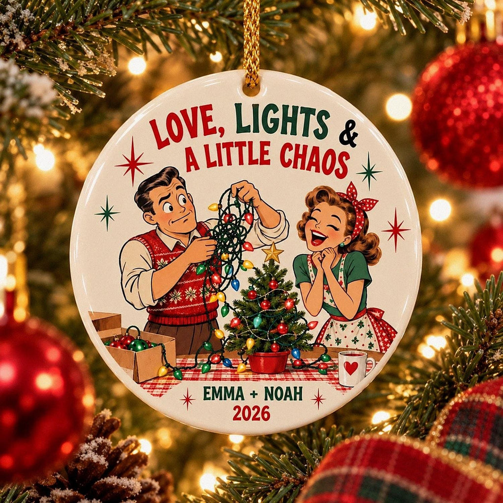 Custom Retro Couple Ceramic Ornament, Funny Christmas Lights Keepsake, Personalized 2026 Couple Gift, First Christmas Home Decor Gift