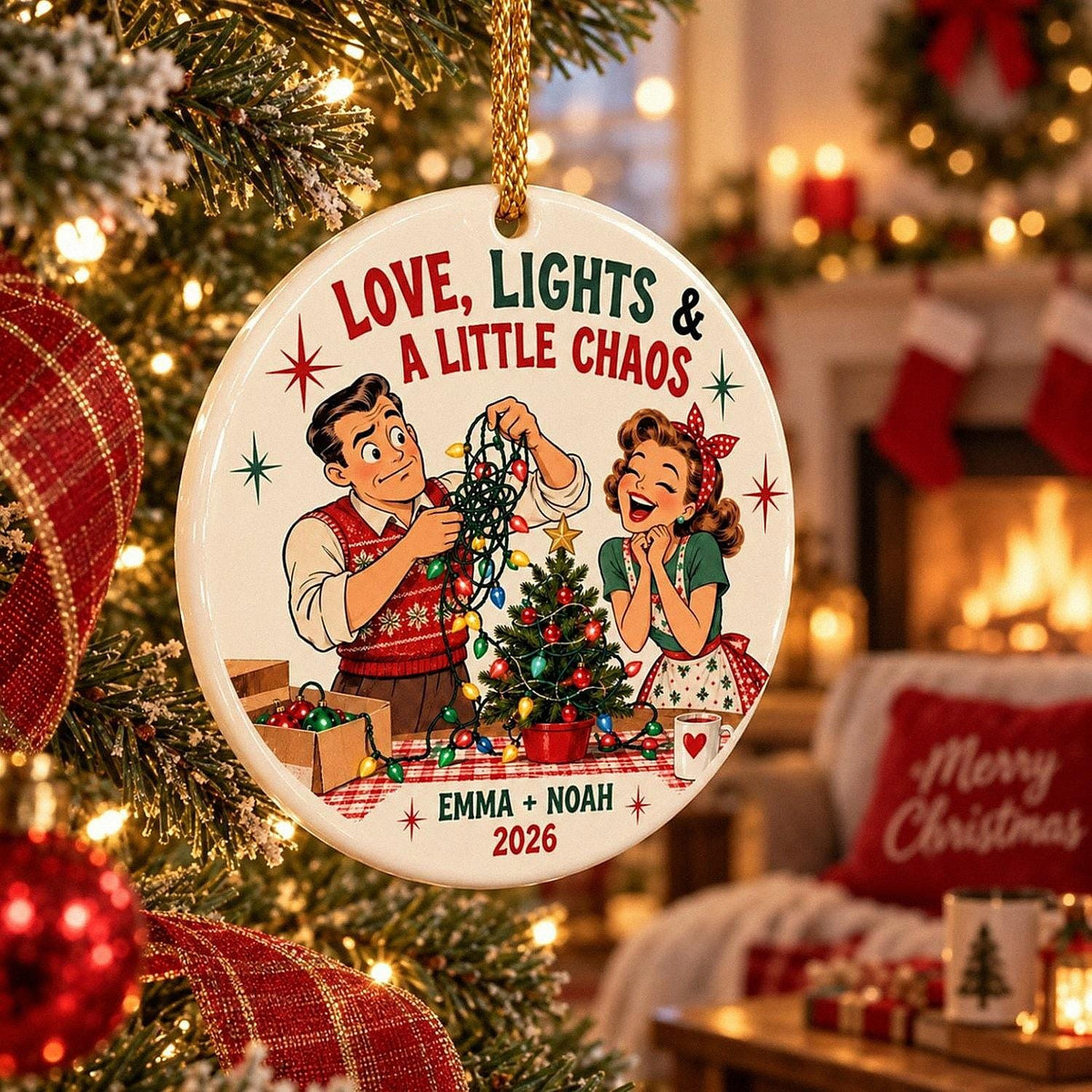 Custom Retro Couple Ceramic Ornament, Funny Christmas Lights Keepsake, Personalized 2026 Couple Gift, First Christmas Home Decor Gift