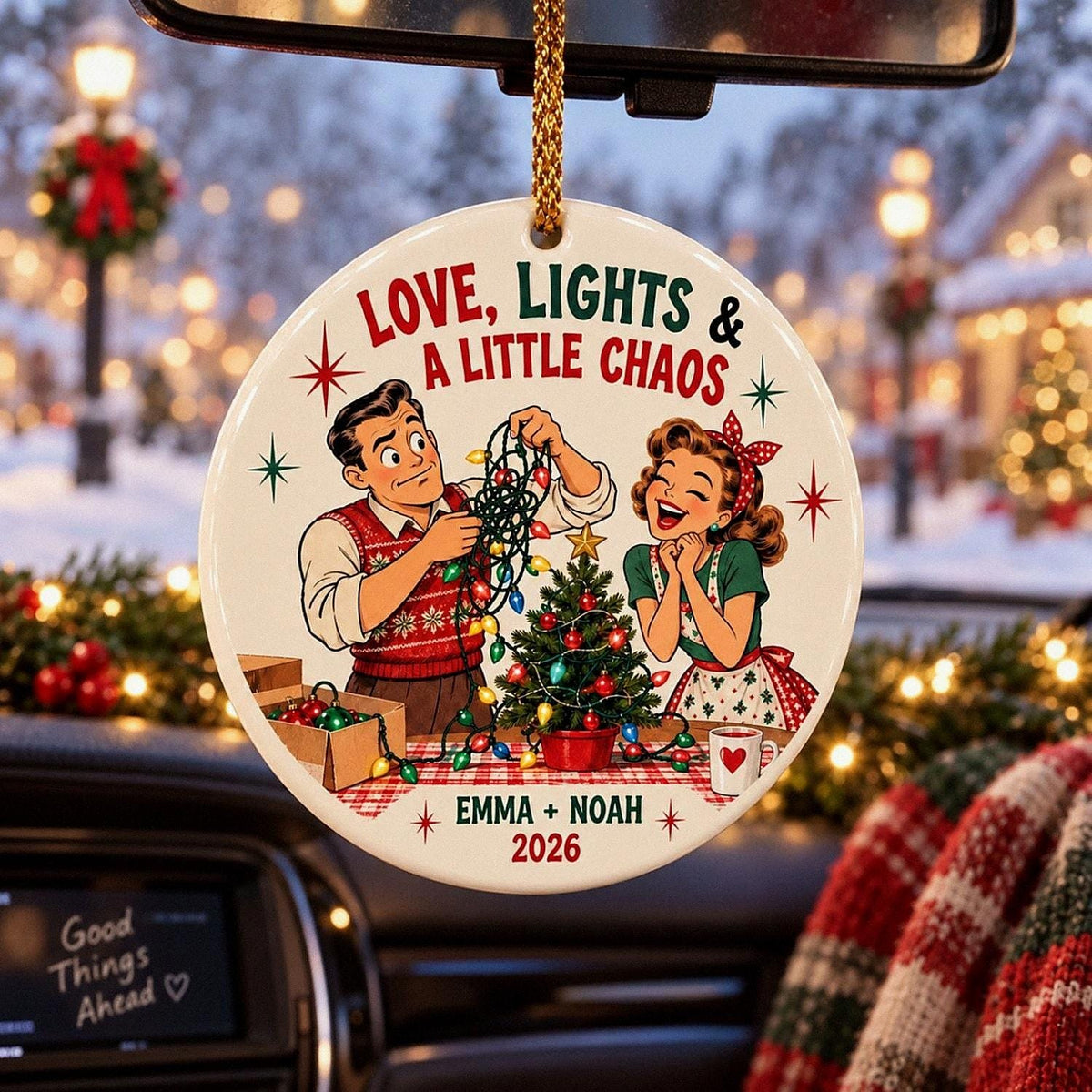 Custom Retro Couple Ceramic Ornament, Funny Christmas Lights Keepsake, Personalized 2026 Couple Gift, First Christmas Home Decor Gift