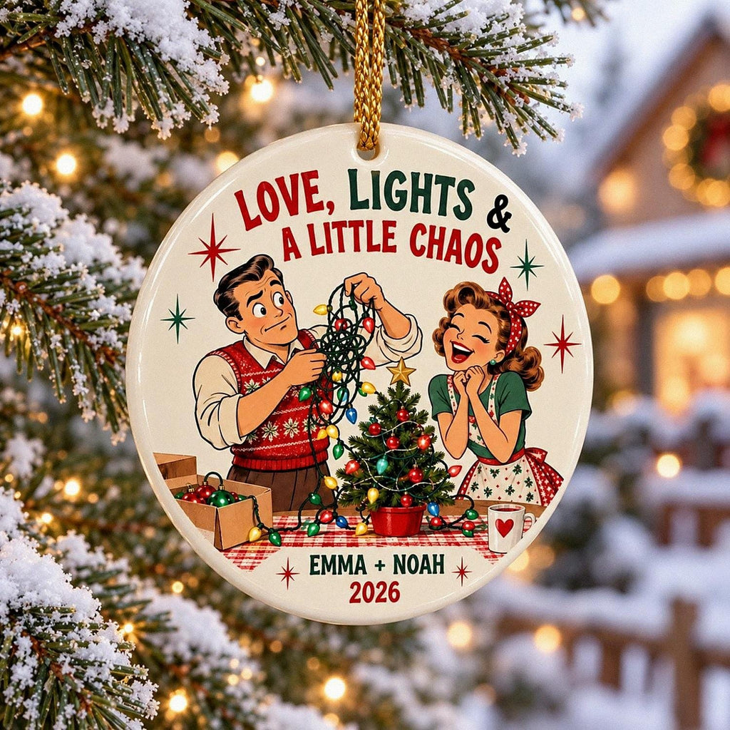 Custom Retro Couple Ceramic Ornament, Funny Christmas Lights Keepsake, Personalized 2026 Couple Gift, First Christmas Home Decor Gift