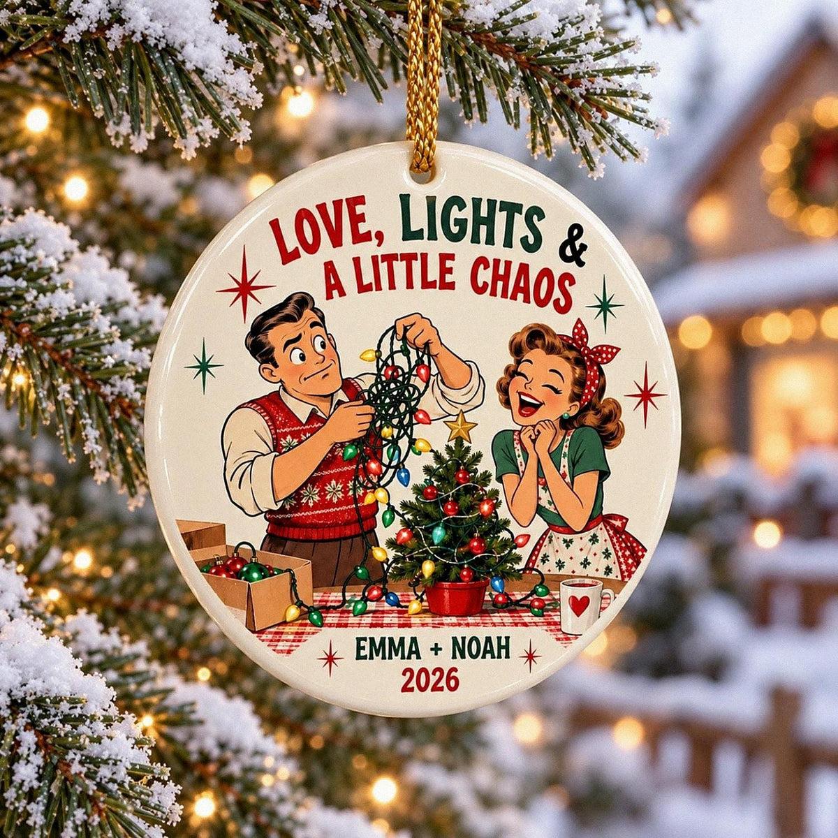 Custom Retro Couple Ceramic Ornament, Funny Christmas Lights Keepsake, Personalized 2026 Couple Gift, First Christmas Home Decor Gift