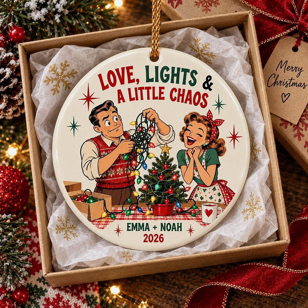 Custom Retro Couple Ceramic Ornament, Funny Christmas Lights Keepsake, Personalized 2026 Couple Gift, First Christmas Home Decor Gift