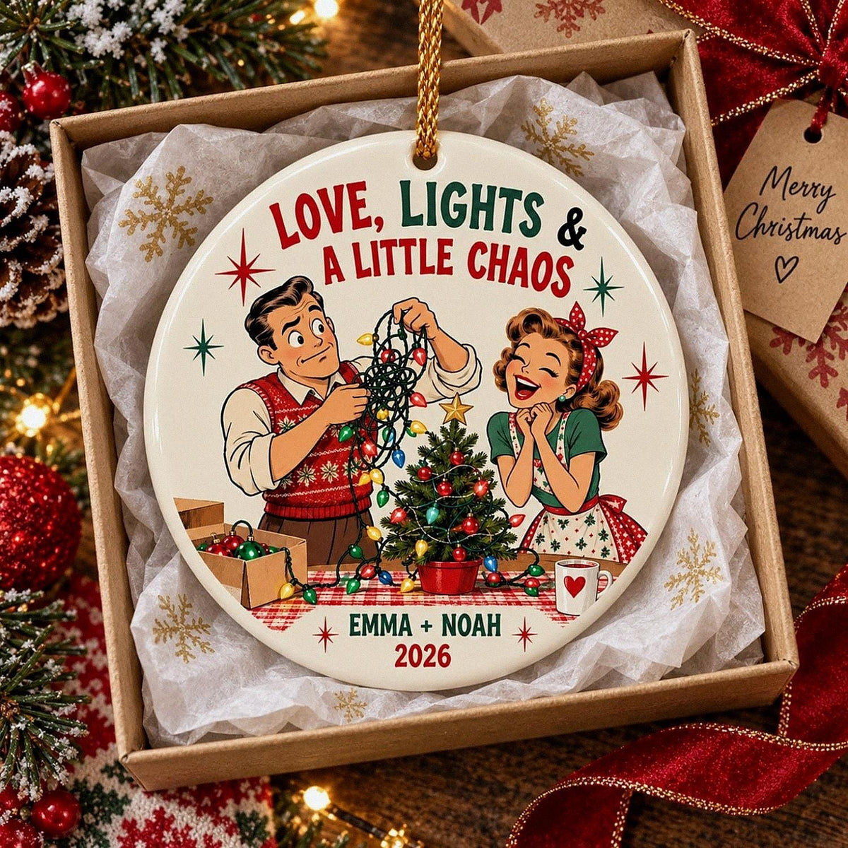Custom Retro Couple Ceramic Ornament, Funny Christmas Lights Keepsake, Personalized 2026 Couple Gift, First Christmas Home Decor Gift