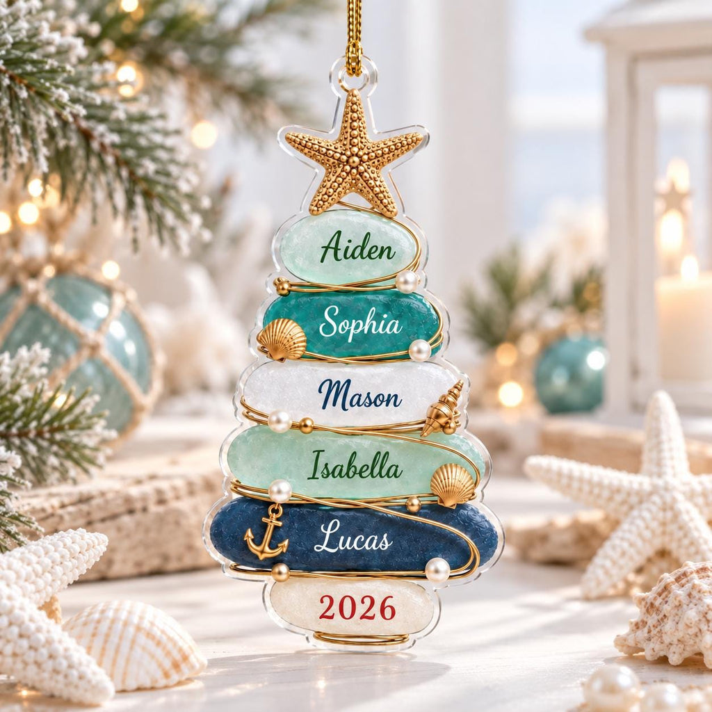 May include: A clear, tree-shaped hanging ornament featuring six stacked, rounded segments in shades of light green, teal, white, and dark blue. Each segment is personalized with names Aiden, Sophia, Mason, Isabella, Lucas, and the year 2026.