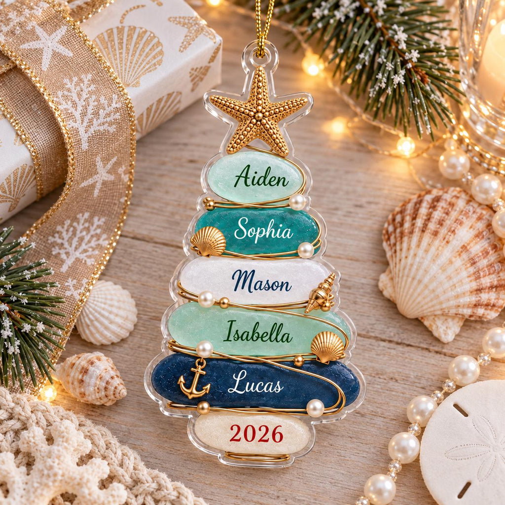 May include: A clear, tree-shaped Christmas ornament featuring five horizontal, rounded segments in shades of light green, teal, white, mint, and dark blue. Each segment displays a name: Aiden, Sophia, Mason, Isabella, and Lucas, with 2026 at the base.