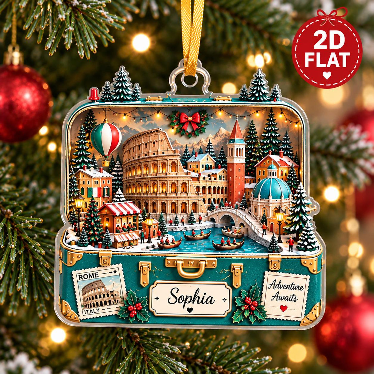 May include: A flat, suitcase-shaped Christmas ornament featuring a detailed scene of Rome, including the Colosseum, a canal, and a hot air balloon. The suitcase is teal with gold accents, labeled with the name Sophia and the text Adventure Awaits.