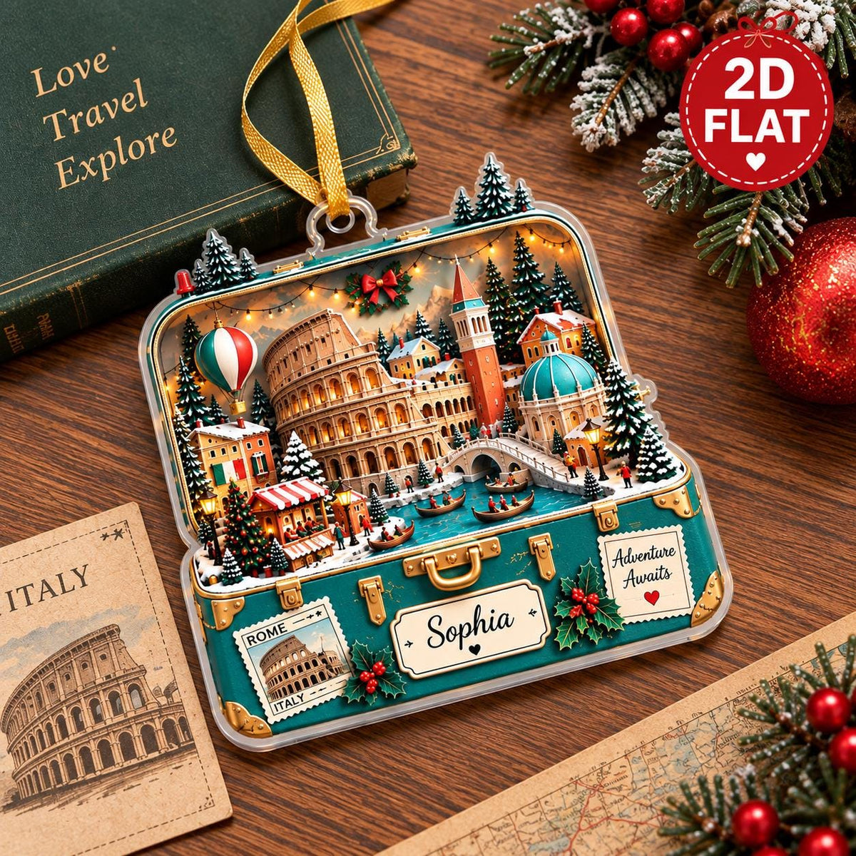 May include: A teal suitcase-shaped Christmas ornament featuring a 3D-style illustration of Rome with the Colosseum, a hot air balloon, and gondolas. The ornament includes a gold ribbon, the name Sophia, and the text Adventure Awaits and Rome Italy.
