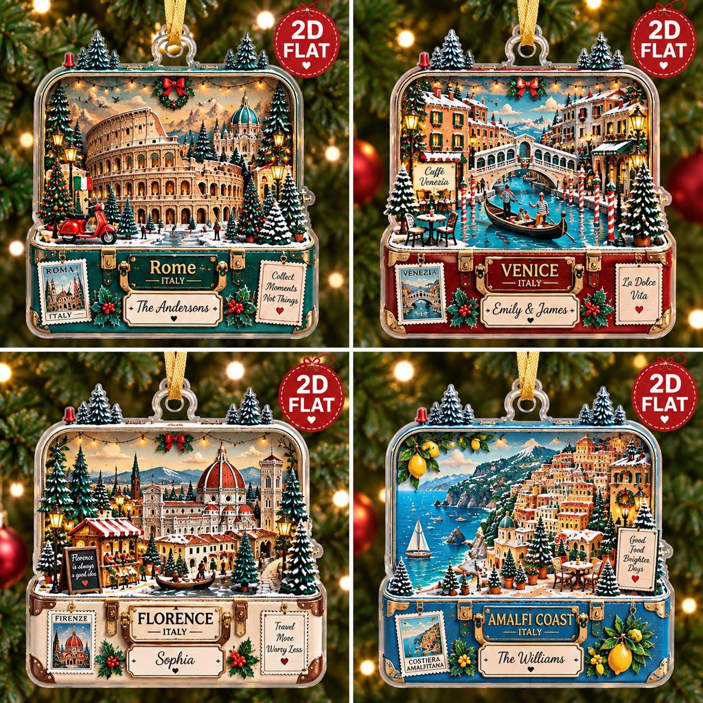 May include: A set of four rectangular 2D flat ornaments featuring travel-themed suitcase designs. Each ornament displays a different Italian city: Rome, Venice, Florence, and the Amalfi Coast, complete with festive holiday decorations and personalized text.