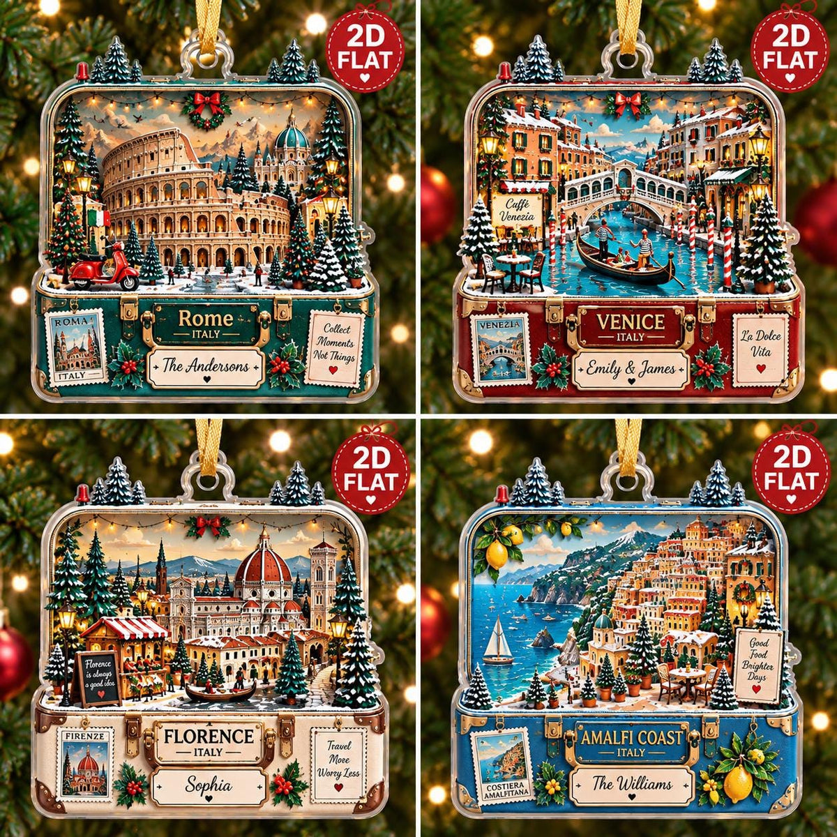 May include: A set of four rectangular 2D flat ornaments featuring travel-themed suitcase designs. Each ornament displays a different Italian city: Rome, Venice, Florence, and the Amalfi Coast, complete with festive holiday decorations and personalized text.