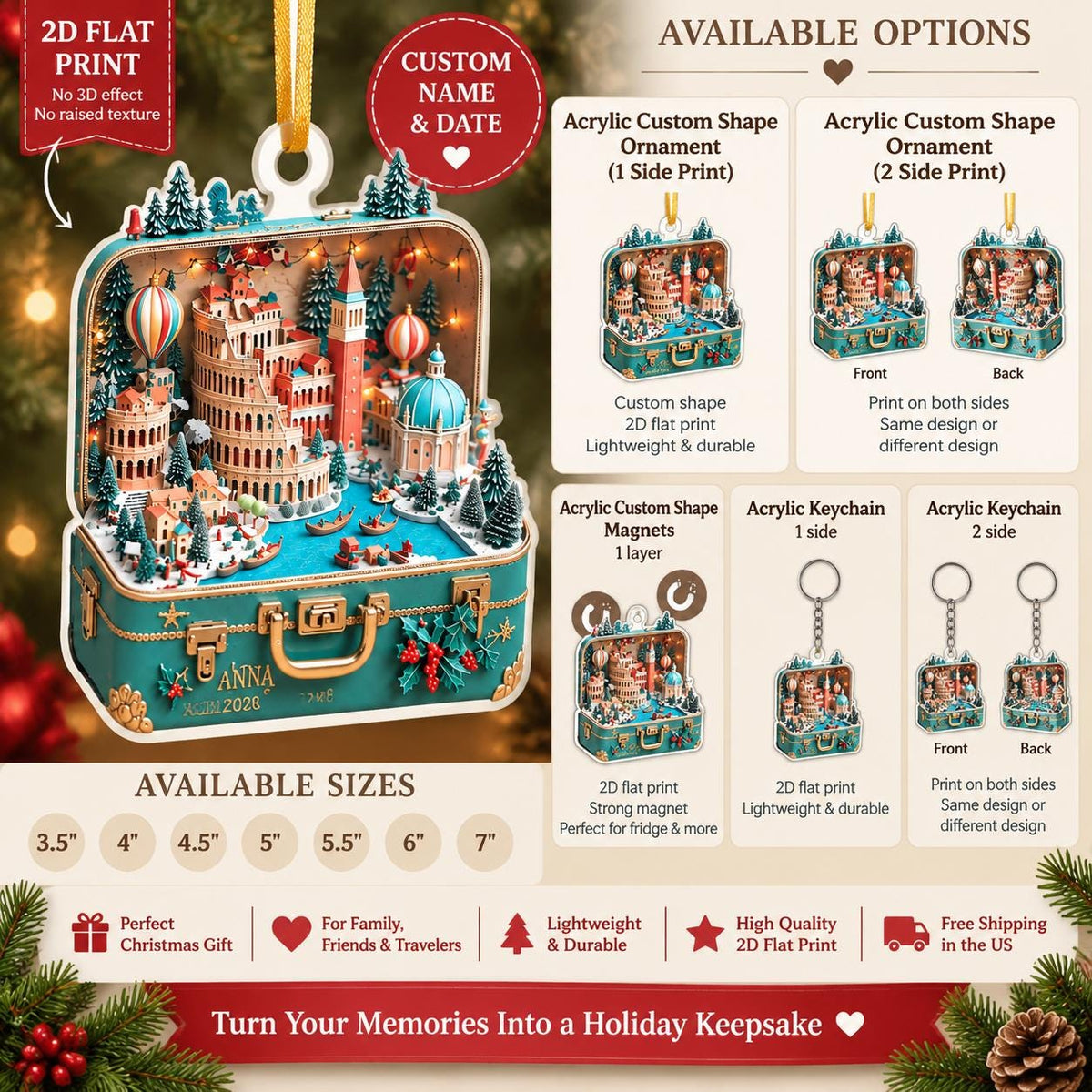 May include: A custom-shaped acrylic ornament featuring a 2D flat print of a suitcase interior with a miniature Italian cityscape, including the Colosseum and a canal. The design includes the name ANNA and the year 2028. Available in sizes 3.5 to 7 inches.