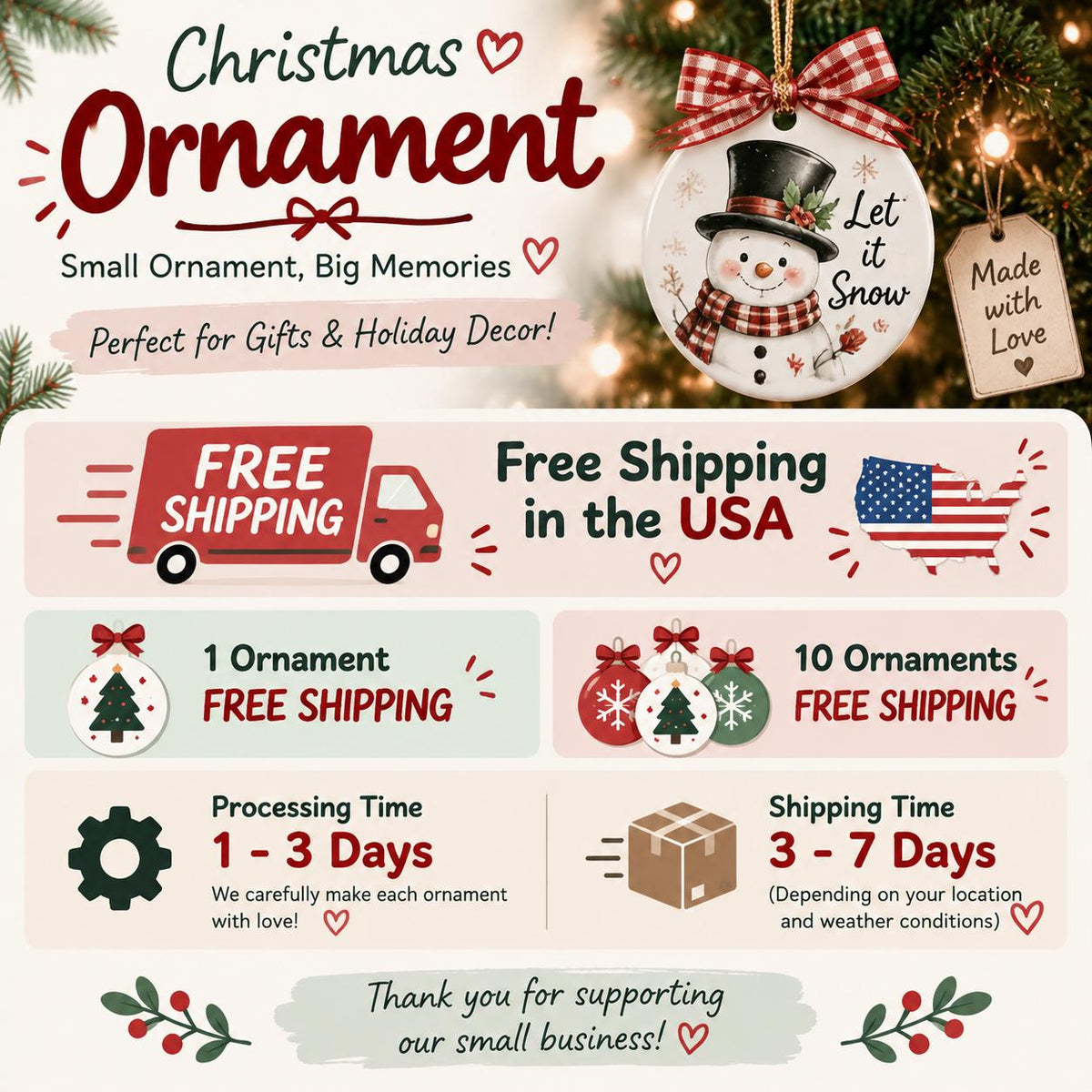 May include: A round white ceramic Christmas ornament featuring a snowman wearing a black top hat and a red plaid scarf, with the text Let it Snow. The ornament is topped with a red and white gingham bow and hangs from a gold string.