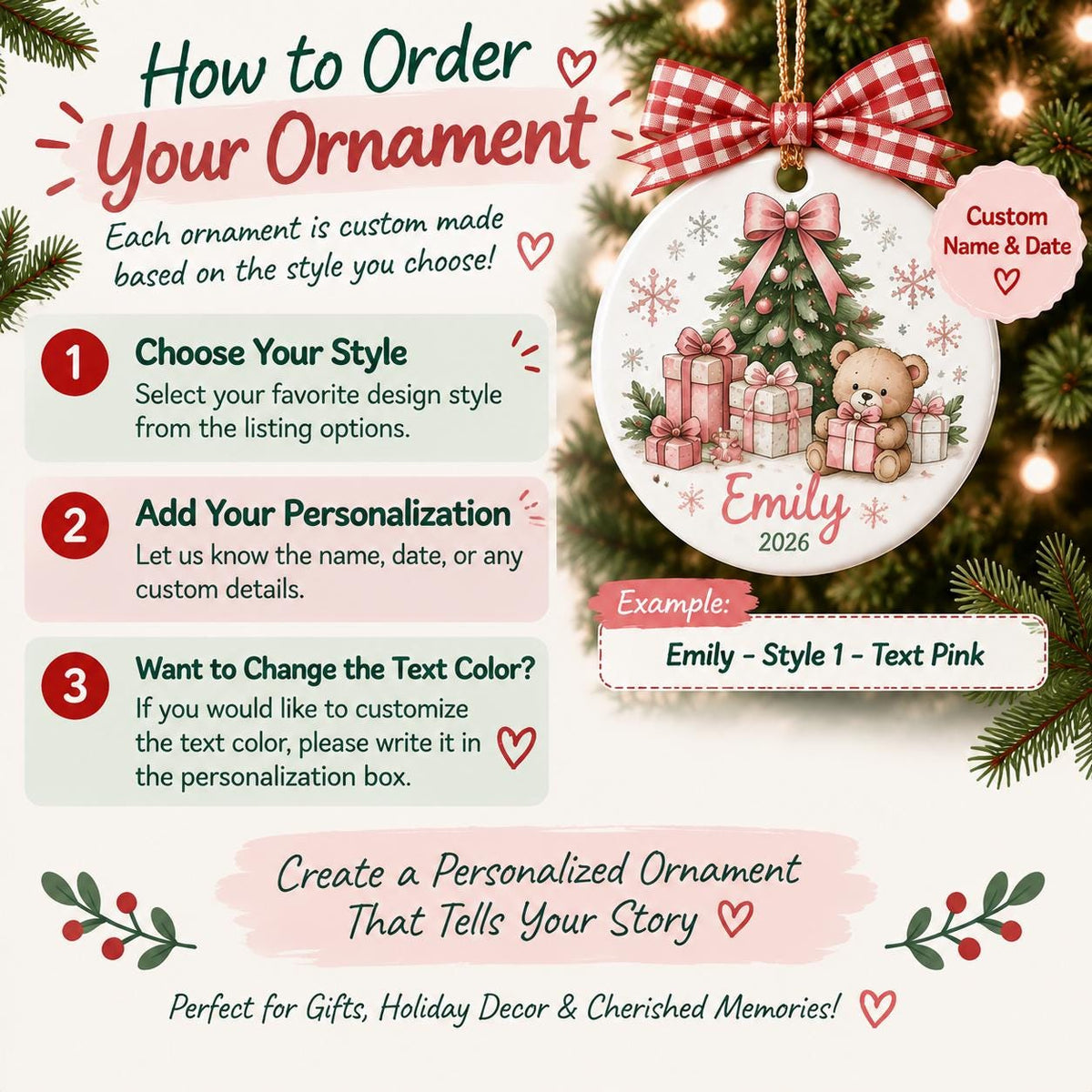 May include: A round white ceramic Christmas ornament featuring a teddy bear, wrapped gifts, and a decorated tree. The text reads Emily and 2026. It is topped with a red and white checkered bow and includes instructions on how to order custom ornaments.