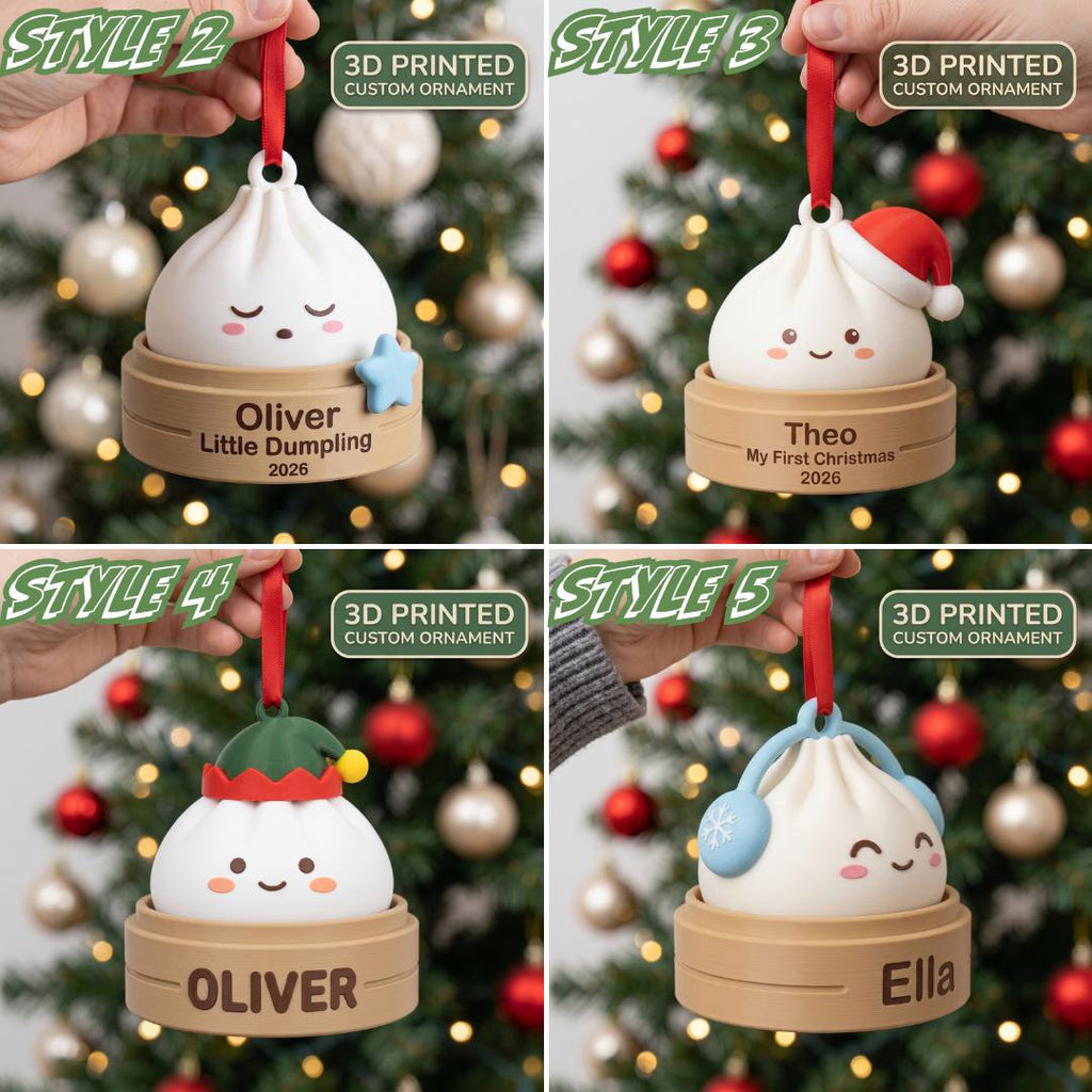 May include: Four 3D printed custom ornaments shaped like dumplings in bamboo steamers. Style 2 features a blue star, Style 3 a Santa hat, Style 4 an elf hat, and Style 5 blue earmuffs. Each ornament includes a red ribbon and personalized text.