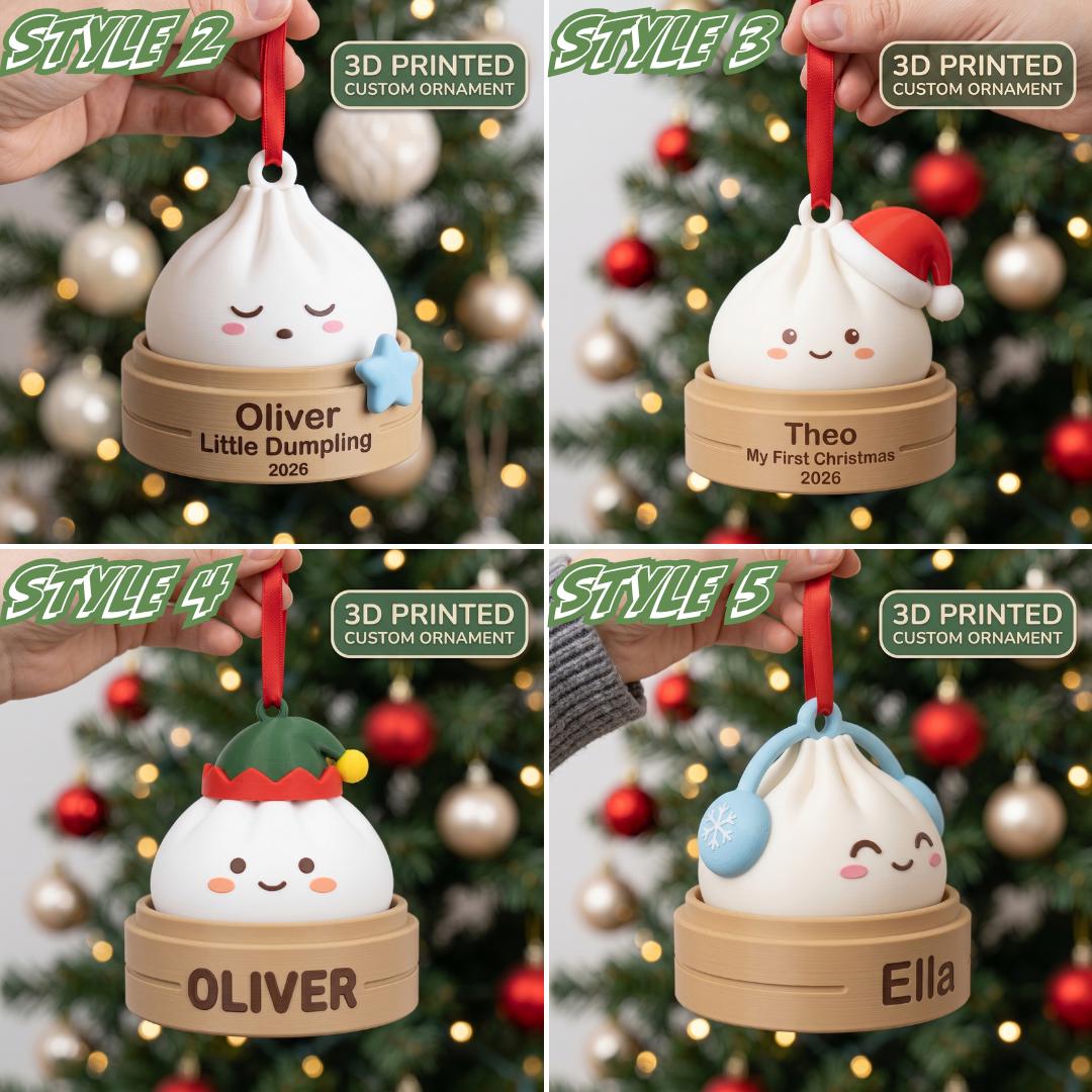 May include: Four 3D printed custom ornaments shaped like dumplings in bamboo steamers. Style 2 features a blue star, Style 3 a Santa hat, Style 4 an elf hat, and Style 5 blue earmuffs. Each ornament includes a red ribbon and personalized text.