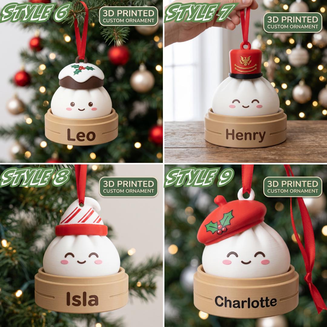 May include: Four 3D printed custom ornaments shaped like white dumplings with smiling faces, each sitting in a tan bamboo steamer base personalized with names Leo, Henry, Isla, or Charlotte, featuring festive toppers like a pudding, hat, or beret.