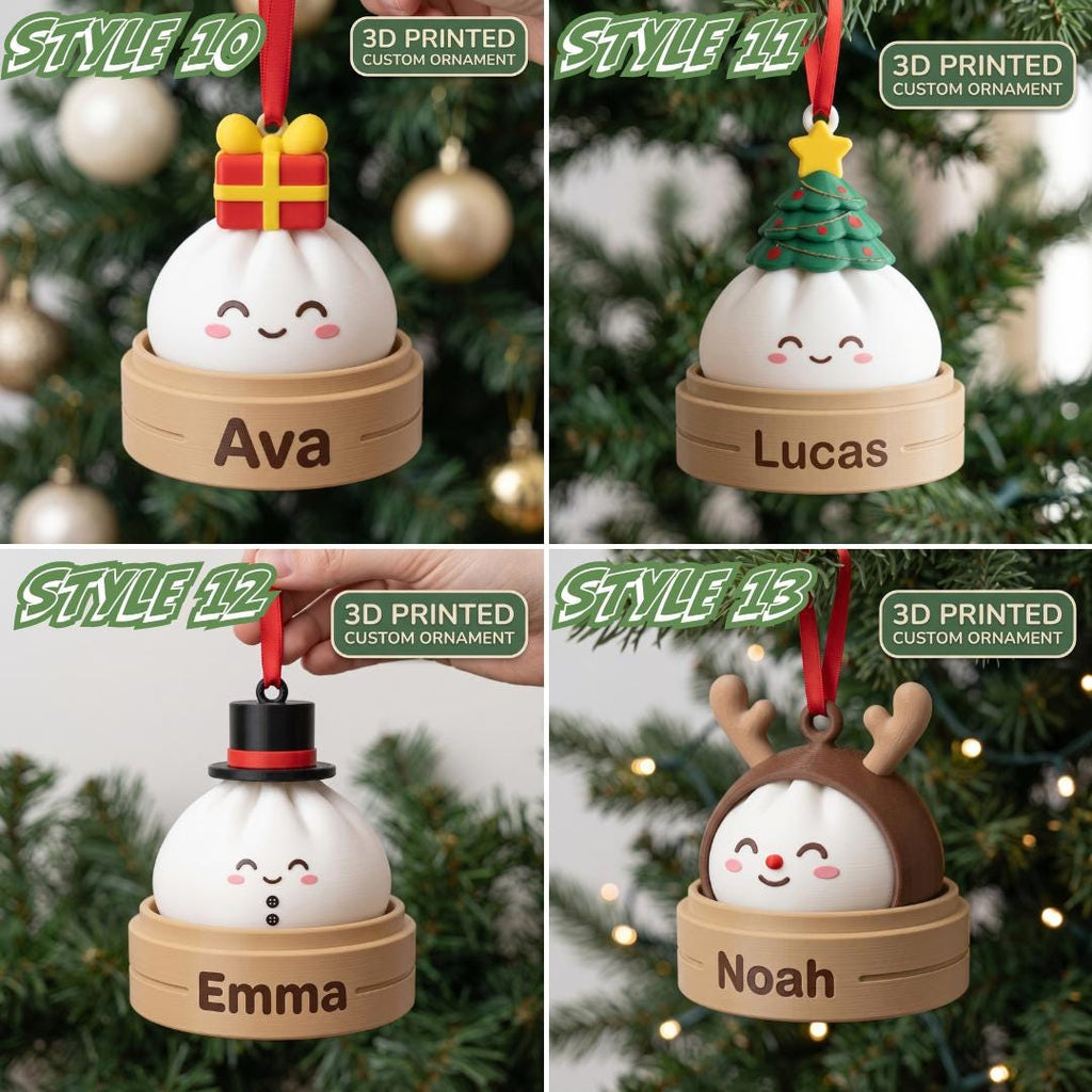May include: Four 3D printed custom ornaments featuring white dumpling characters in bamboo steamers. Style 10 has a gift box, Style 11 a Christmas tree, Style 12 a top hat, and Style 13 reindeer antlers. Names Ava, Lucas, Emma, and Noah are printed on the bases.